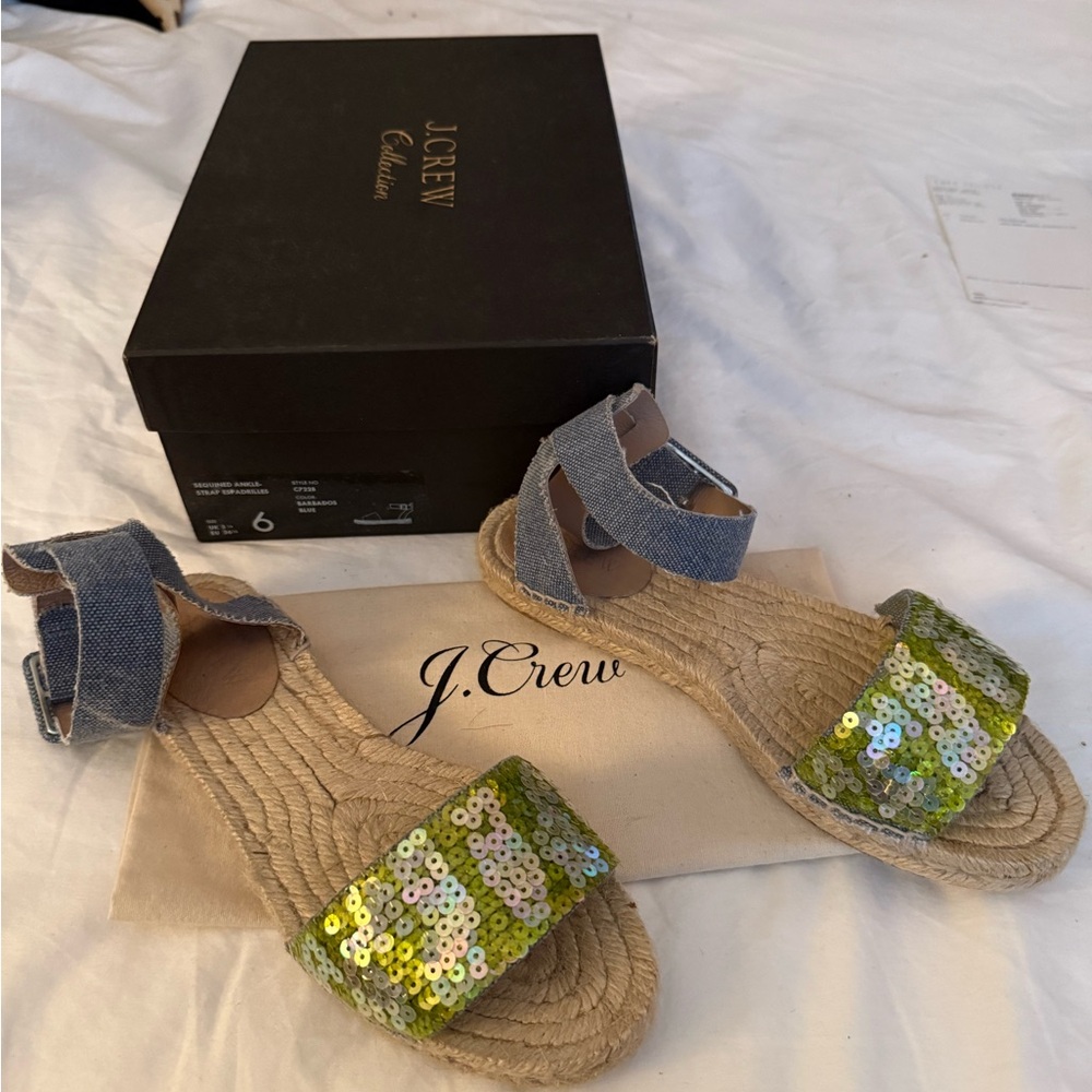 J. Crew Espadrille Sandals with Green Sequins and Blue Straps
